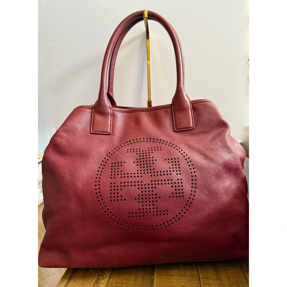Tory Burch Tote Bag Women's Large Burgundy Leather Perforated Logo